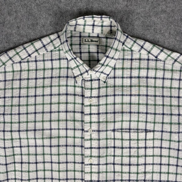 LL Bean Shirt Mens XL White Green Blue Striped Short Sleeve Seersucker USA Vtg - Picture 2 of 9